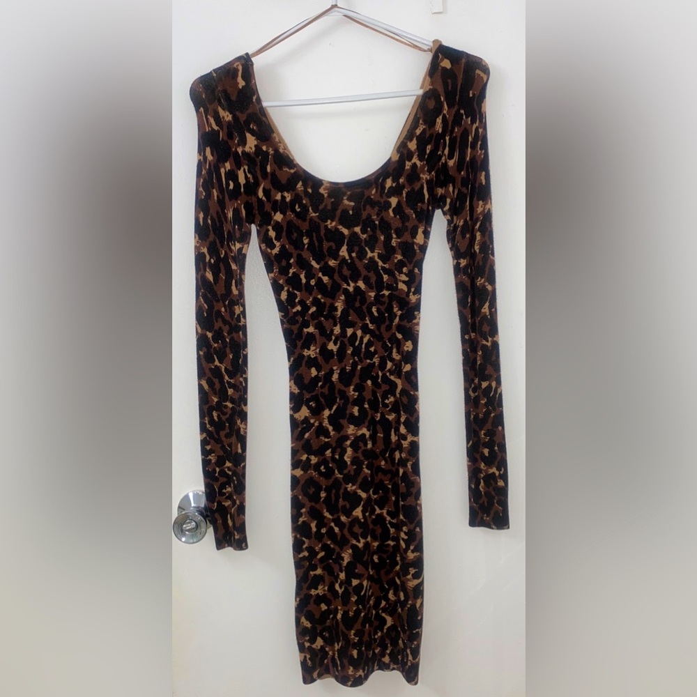 Guess Leopard Print Long Sleeve Bodycon Sweater Dress, XS